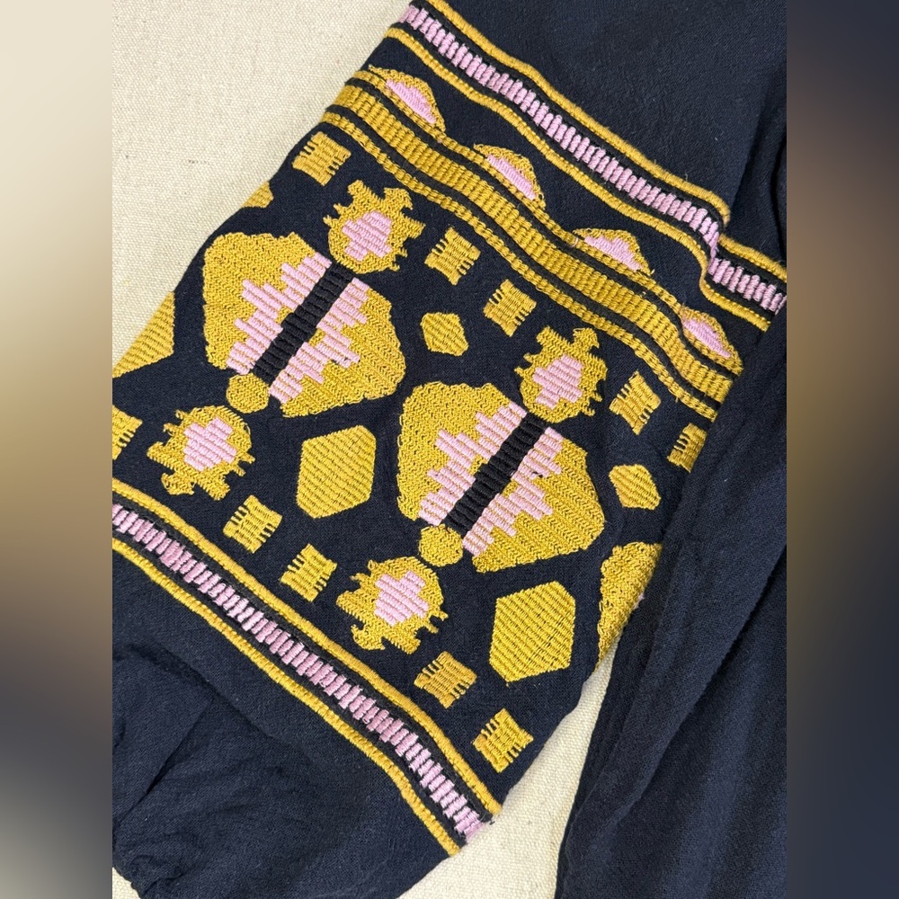 D105 Free People Navy Oversized Dress with Yellow Gold Embroidery - Full Sleeves - Picture 4 of 8